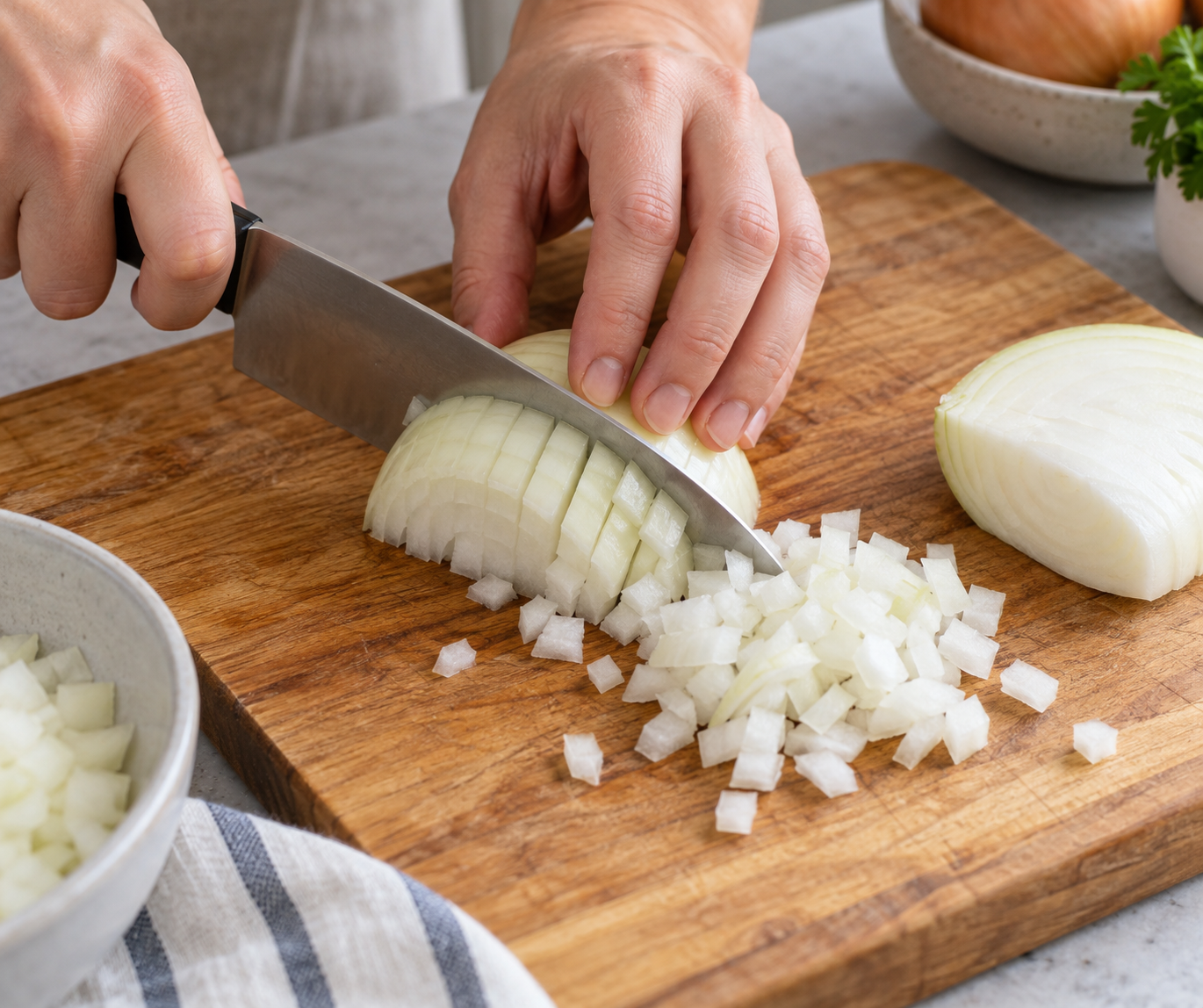 An onion being diced on a chopping board