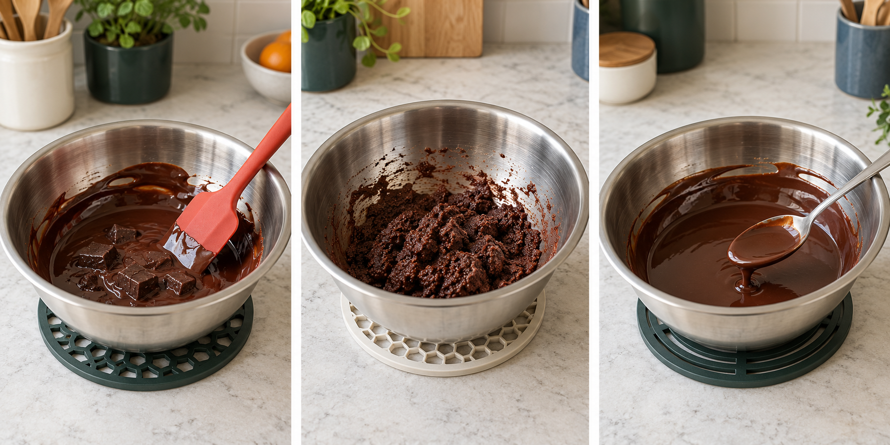 Three supported bowls: melted chocolate with remaining pieces, grainy thick chocolate, and smooth chocolate sauce.