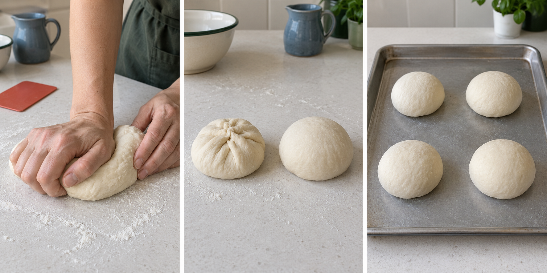 Bread stages: hands pressing a small dough, gathered seam beside a smooth round, and four puffy raw rolls spaced on a tray.
