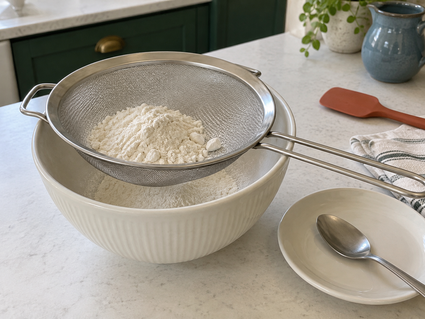 Fine-mesh sieve containing flour rests across a larger bowl, with a spoon on a separate plate.