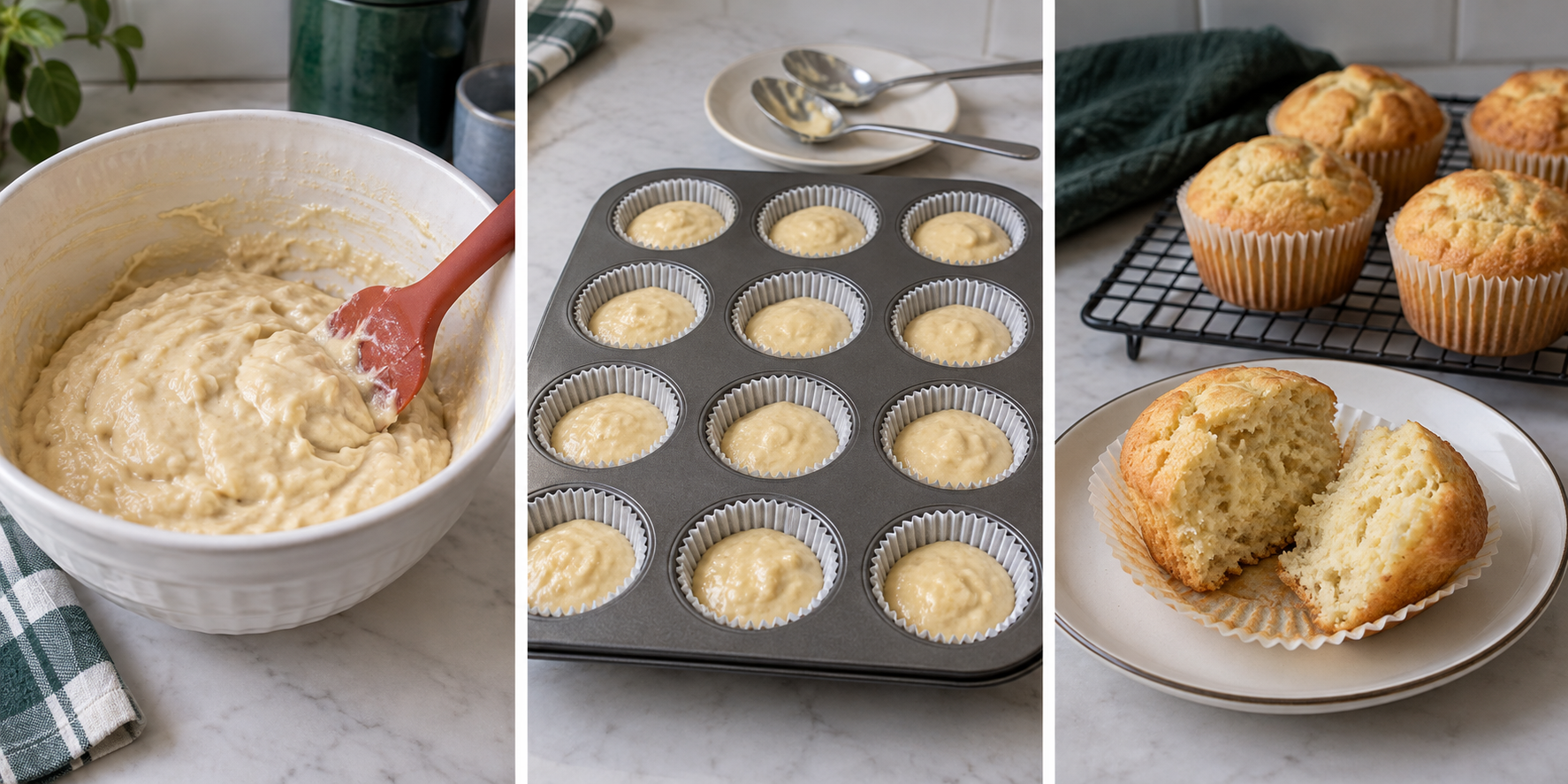 Three separate examples: thick muffin batter, supported paper cases with headroom, and a broken plain muffin showing crumb.