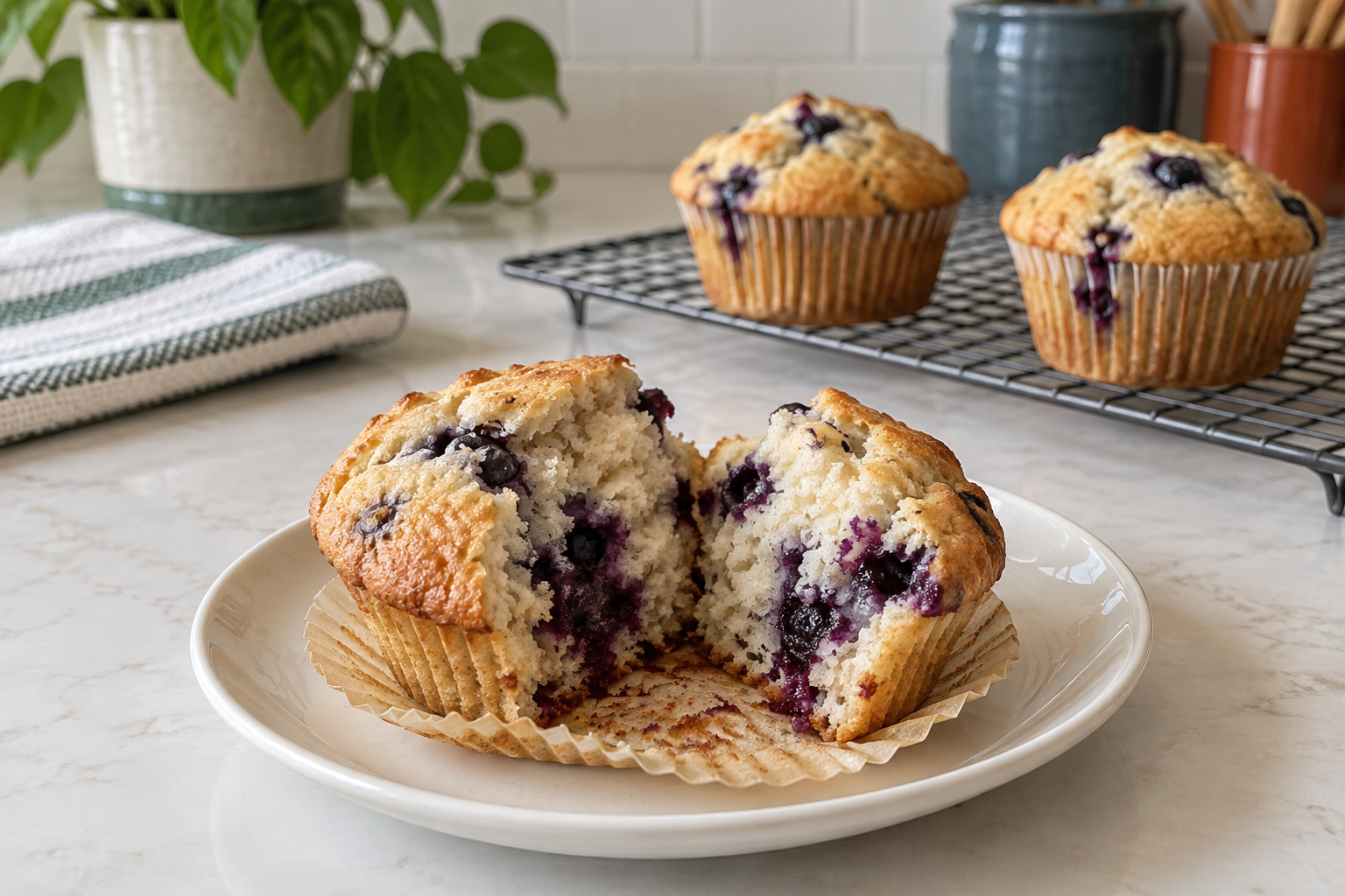 A broken blueberry muffin with pale crumb and purple berry patches, with two whole muffins on a rack.