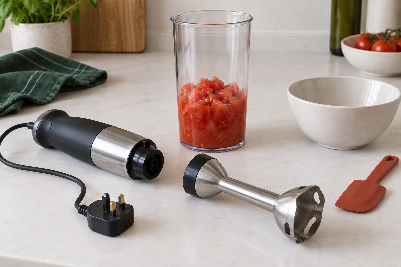 A disconnected hand-blender motor and detached guarded shaft beside a tall beaker of cold chopped tomato