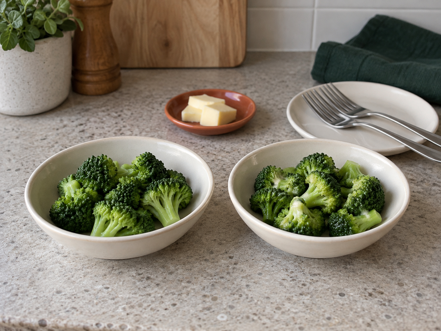 Separate bowls of plain and glossy cooked broccoli, with a small butter portion set aside