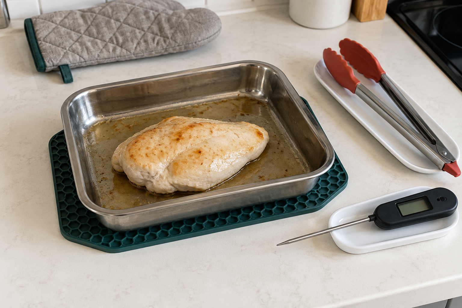 Plain chicken breast in a metal dish on a green trivet, with a clean probe and tongs on separate rests