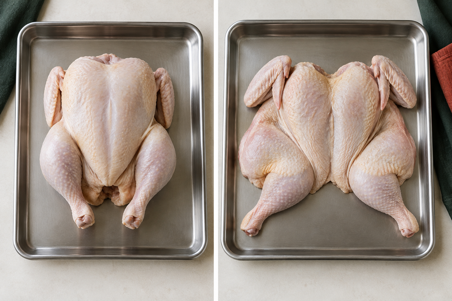 Separate raw chickens breast-side up: intact on the left and flattened with legs spread on the right, each in a rimmed metal tray.