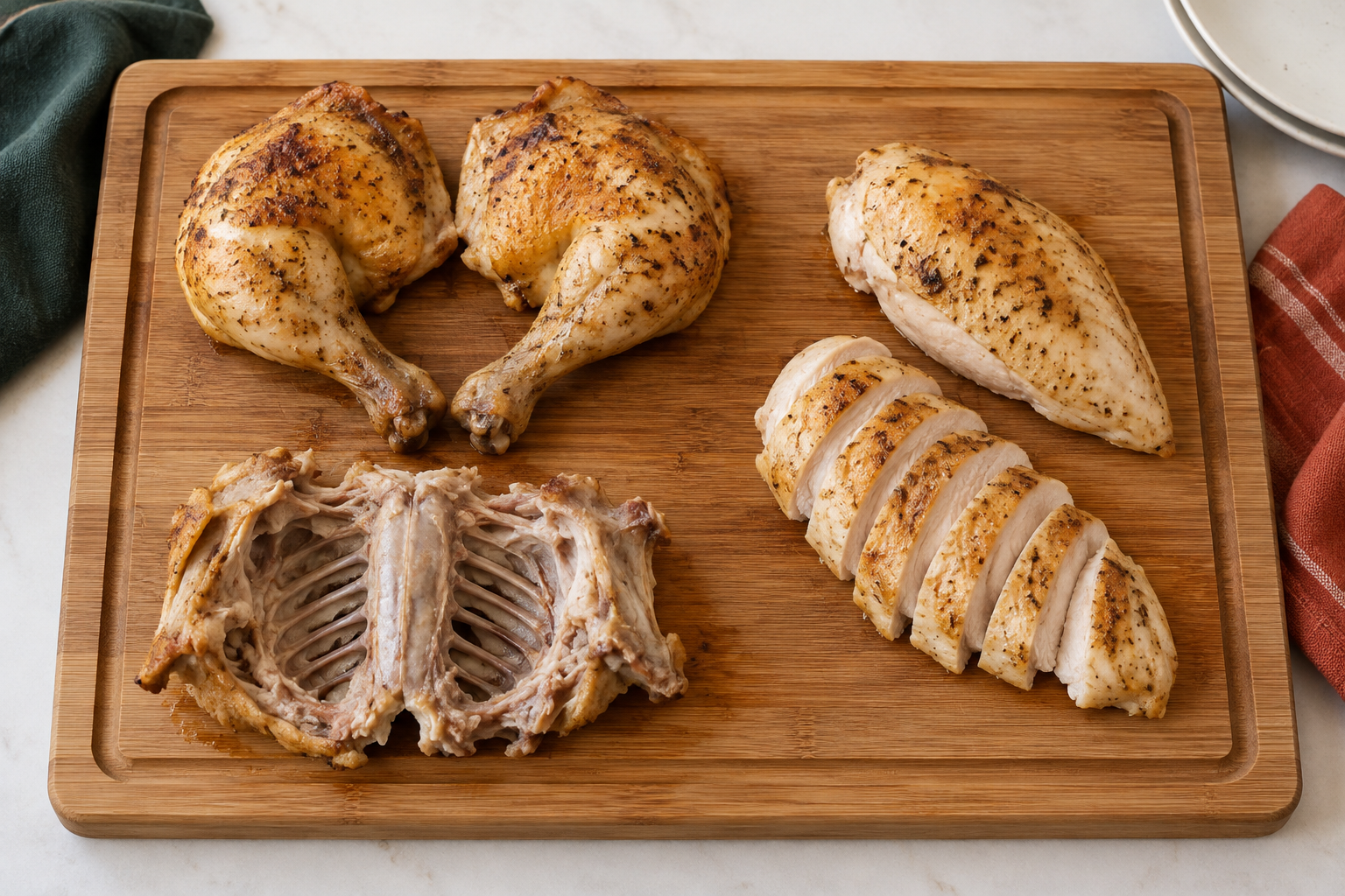 Two intact thigh-and-drumstick portions, one whole breast, a second breast sliced across, and the remaining cooked-looking rib cage on a grooved board.