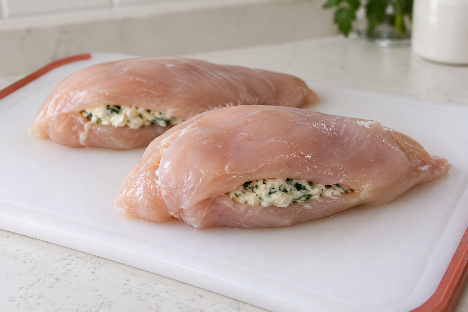 Two raw chicken breasts with small side openings and white parsley-flecked filling on a separate raw-meat board.