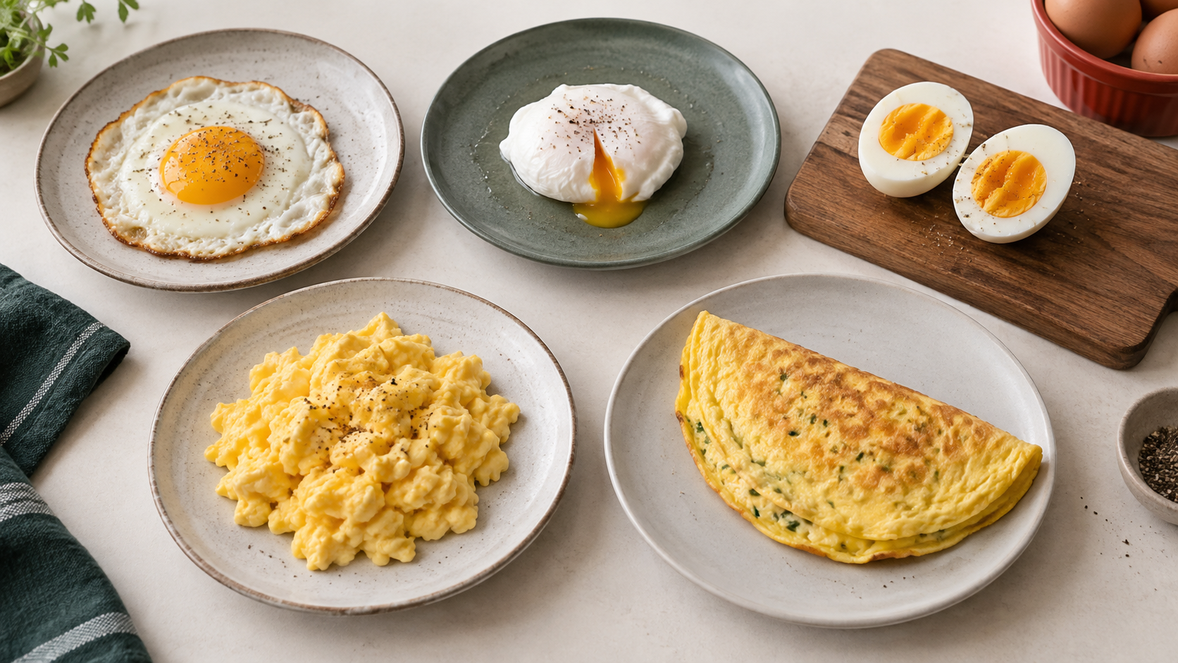 Eggs shown alongside several cooking methods