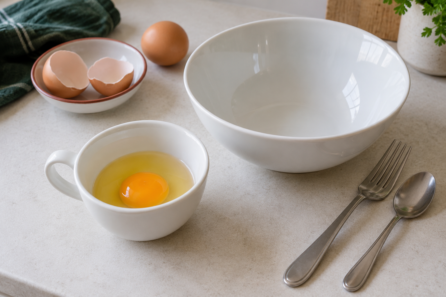 One raw egg with intact yolk in a small cup, beside an empty mixing bowl, fork, teaspoon and separate shell dish