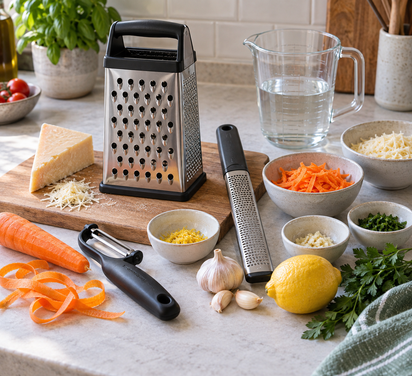 A grater and small preparation tools arranged on a board