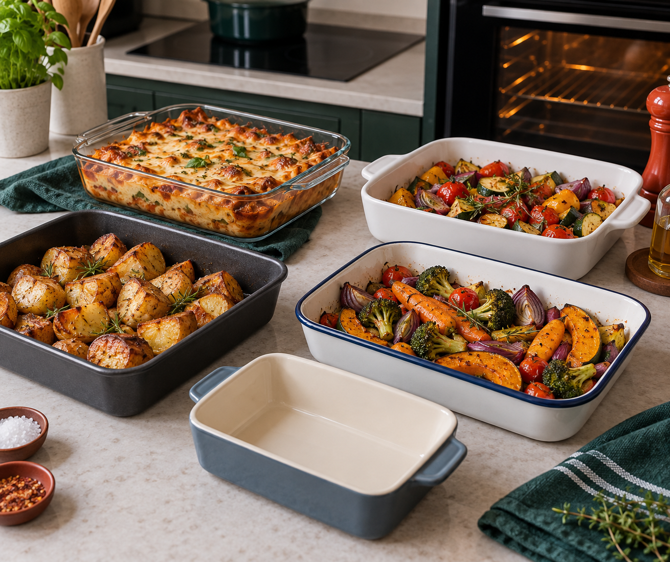 Metal, glass and ceramic oven vessels shown as different shapes and depths