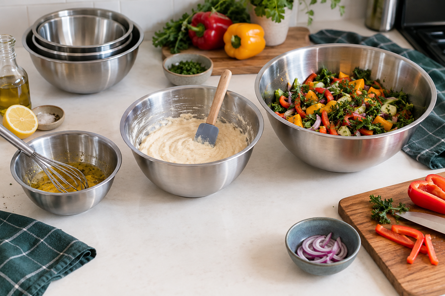 Mixing bowls of different sizes with space for ingredients
