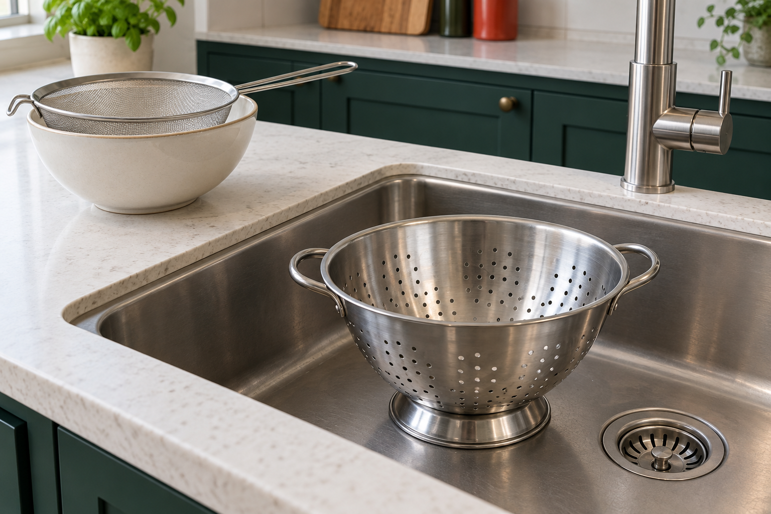 Empty footed colander standing on the bottom of a clear sink, with a fine sieve supported over a bowl on the worktop