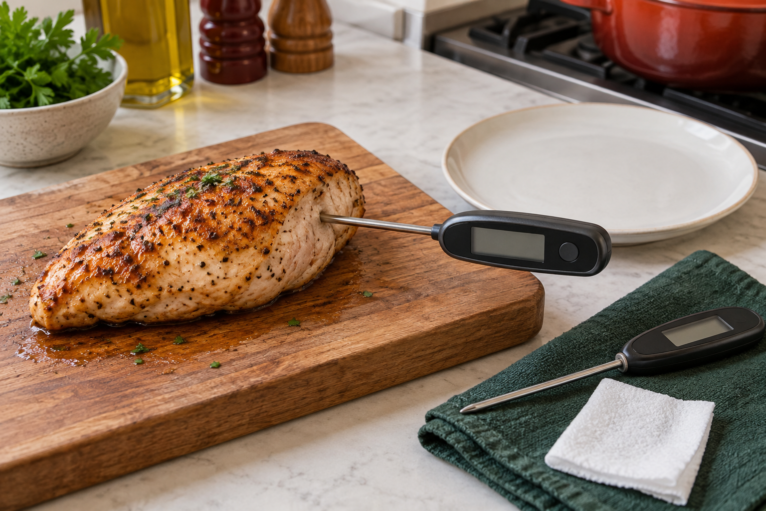 A probe inserted into a chicken portion on a board, with a second probe resting beside it