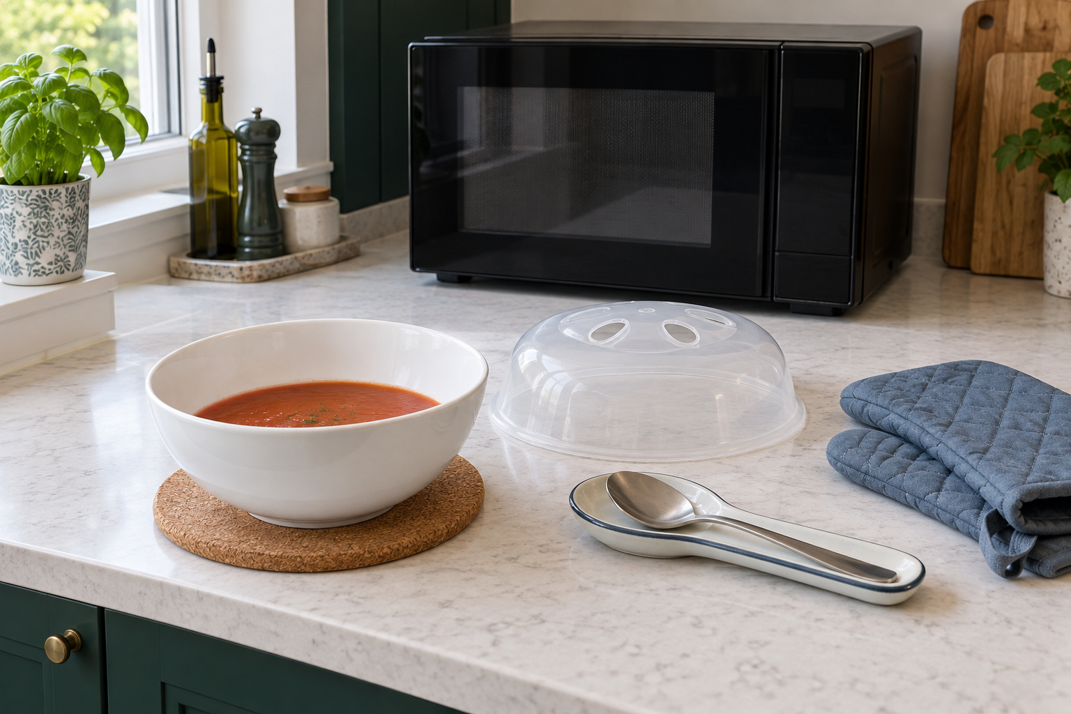 Soup bowl with headroom, a vented cover, spoon and oven gloves beside a closed microwave