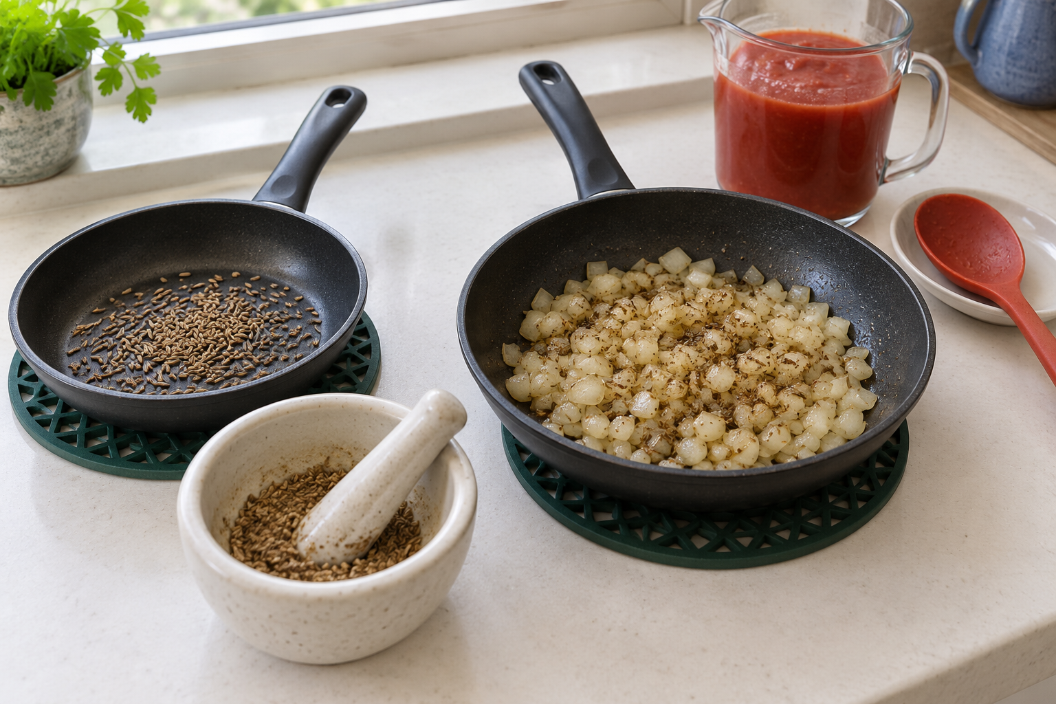 Whole cumin seeds in a supported pan beside a mortar, and ground spice mixed with diced onion in a separately supported pan