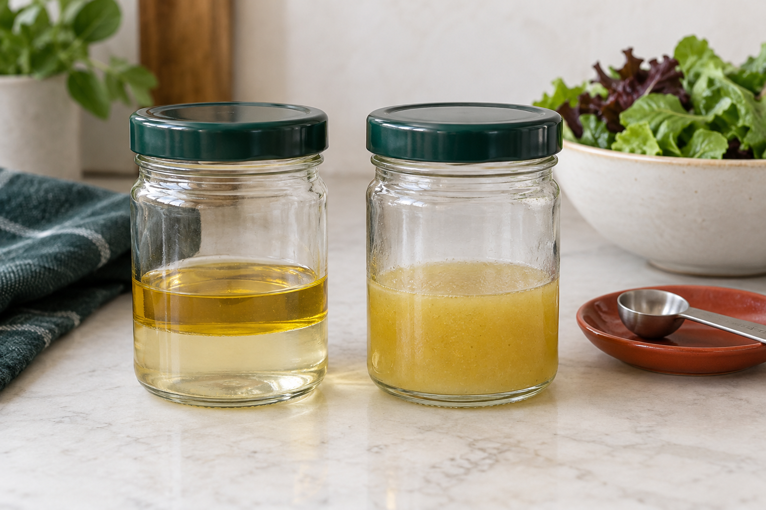 Two small lidded jars, one with separate oil and vinegar layers and one with cloudy remixed dressing