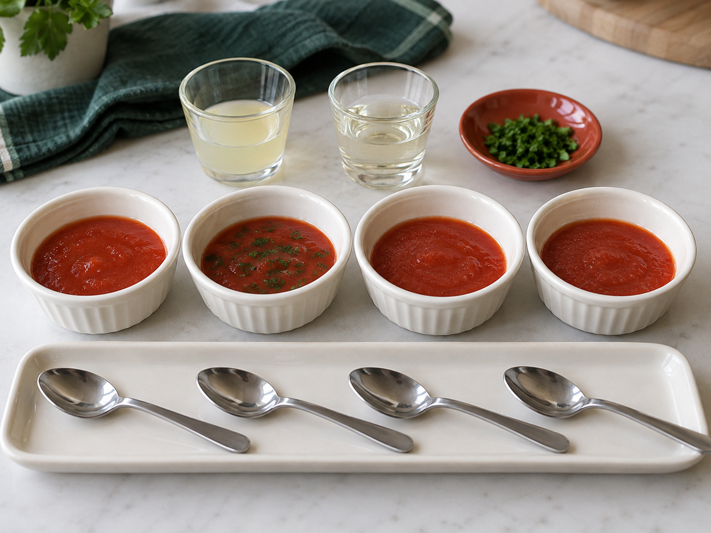 Four red tomato sauce samples, with chopped parsley in the second and similar-looking plain and acid samples