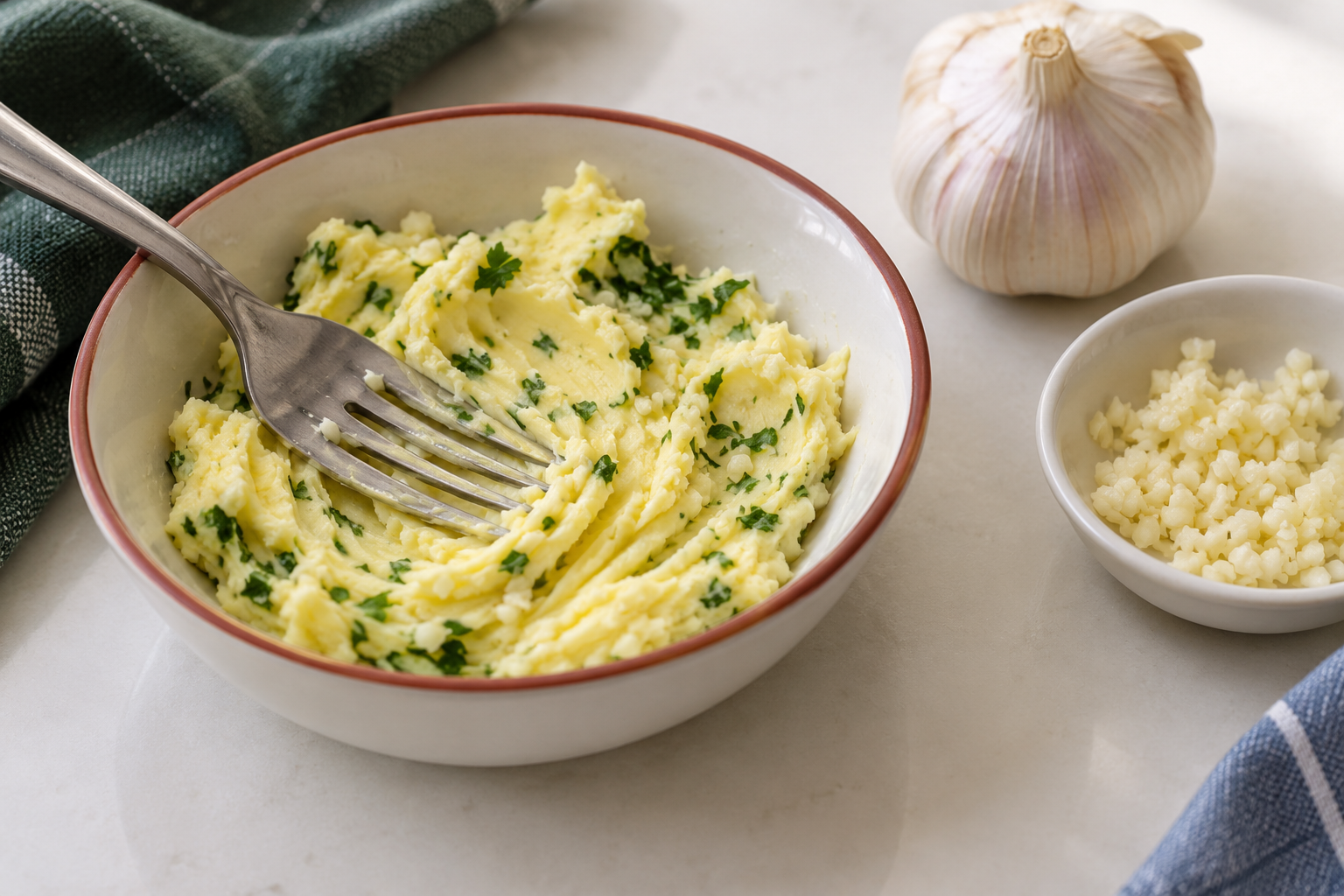 Shape-holding garlic and parsley butter with fork ridges beside finely chopped garlic