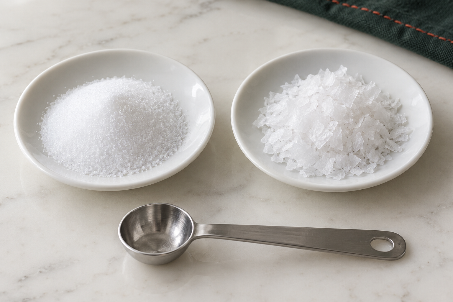 Fine white salt grains and larger thin sea-salt flakes in separate saucers with an empty measuring spoon