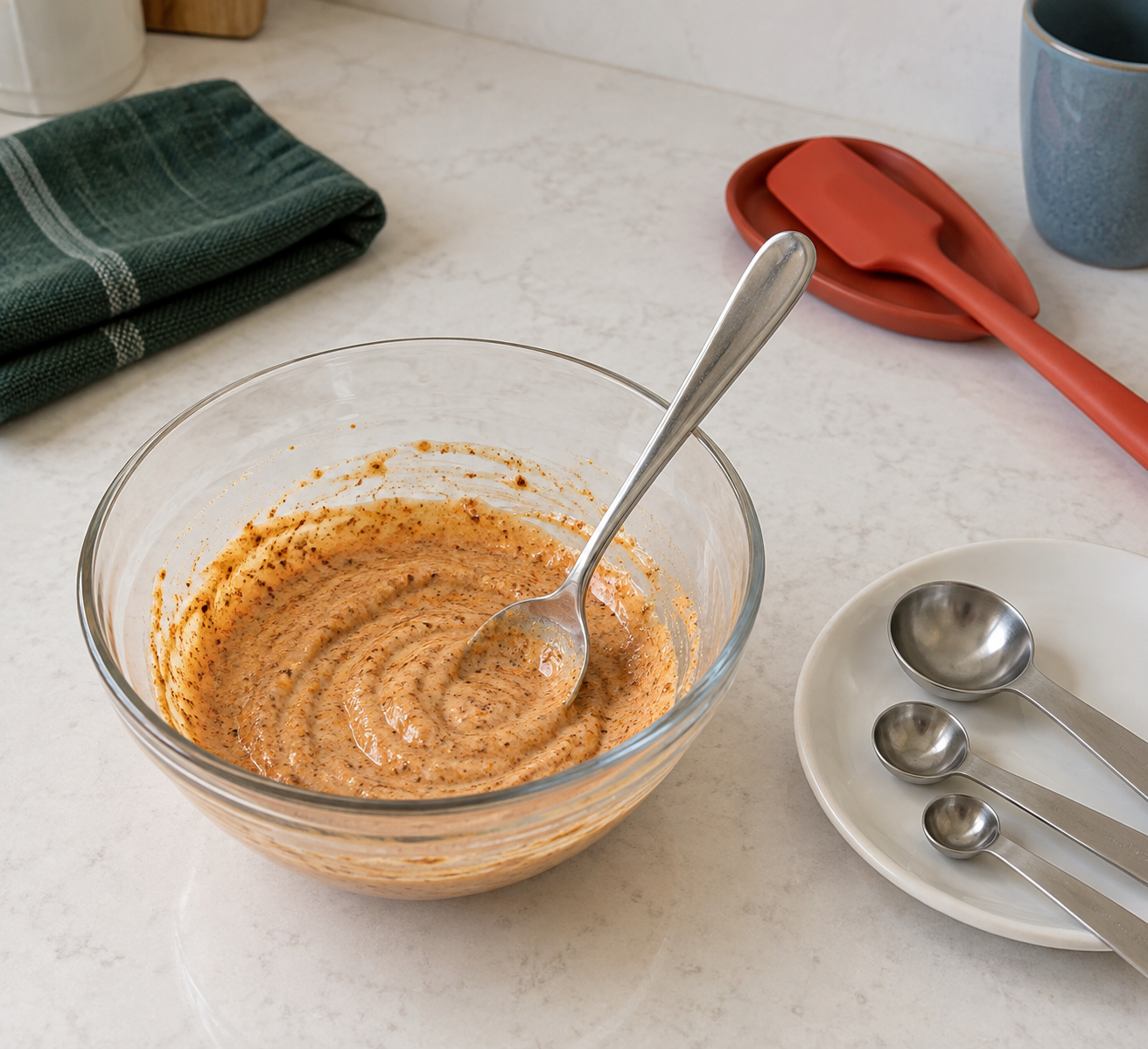 A creamy terracotta-coloured coating in a transparent glass bowl with a mixing spoon, beside separate measuring spoons on a plate