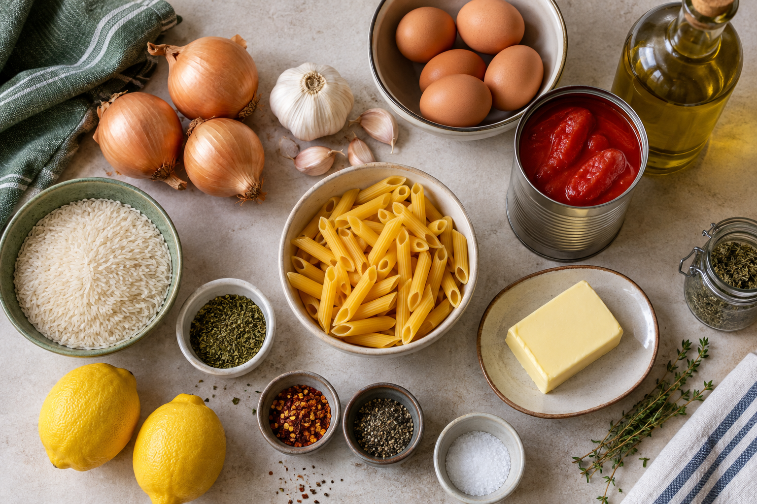 An assortment of everyday ingredients, including rice, pasta, eggs, butter and canned tomatoes