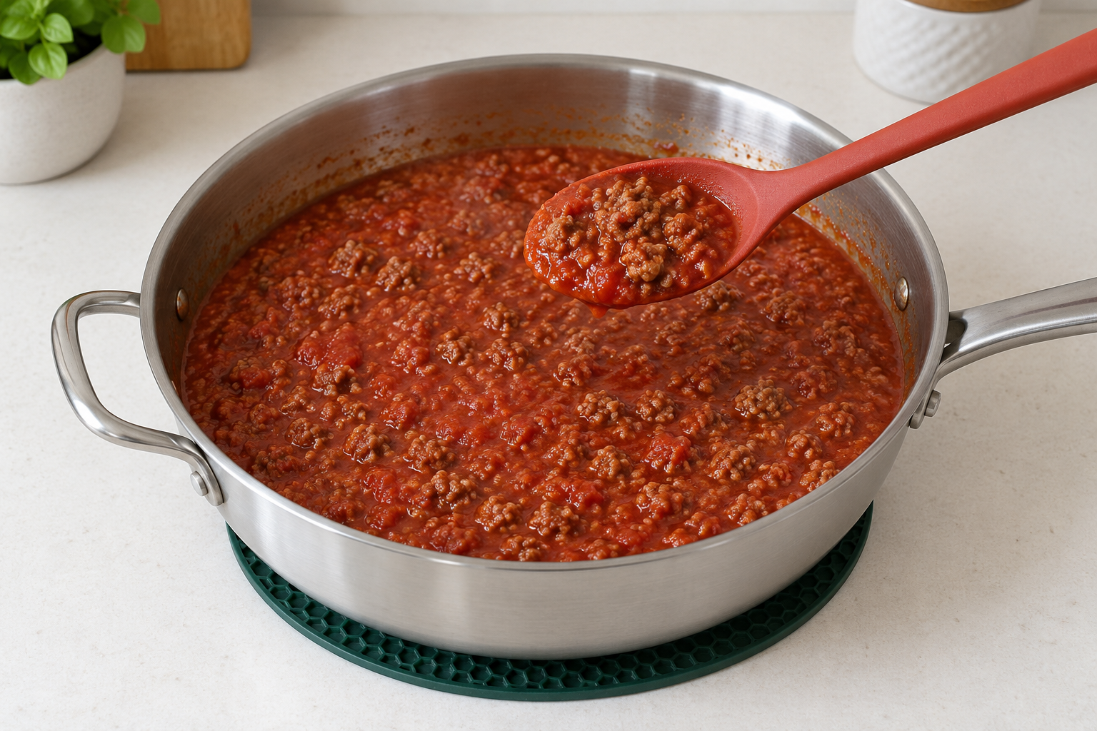 Small beef mince crumbles in tomato sauce, with a spoonful over a supported deep-sided pan