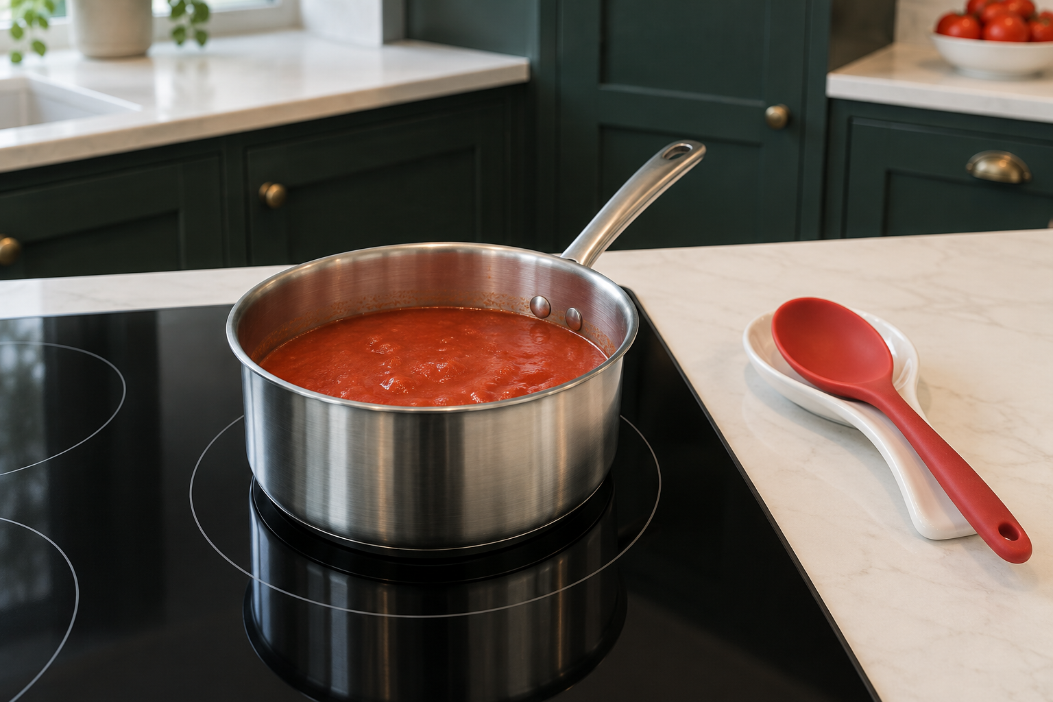 Smooth tomato sauce gently bubbling in a saucepan with headroom and a clear hob