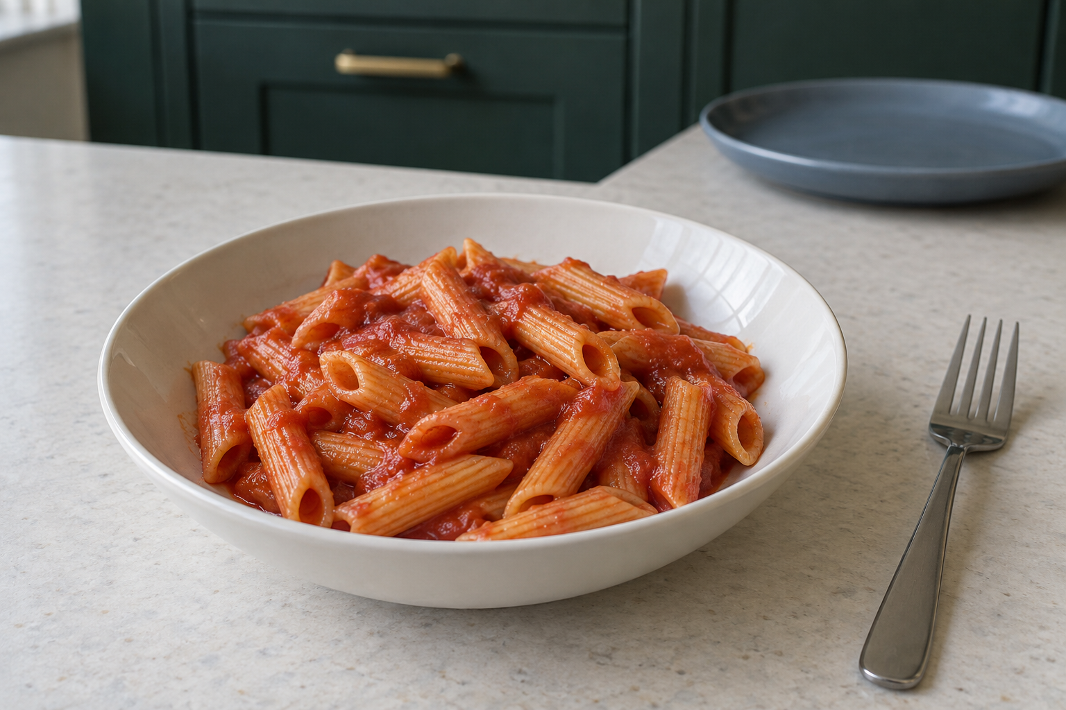 Short pasta coated with smooth tomato sauce in a serving bowl