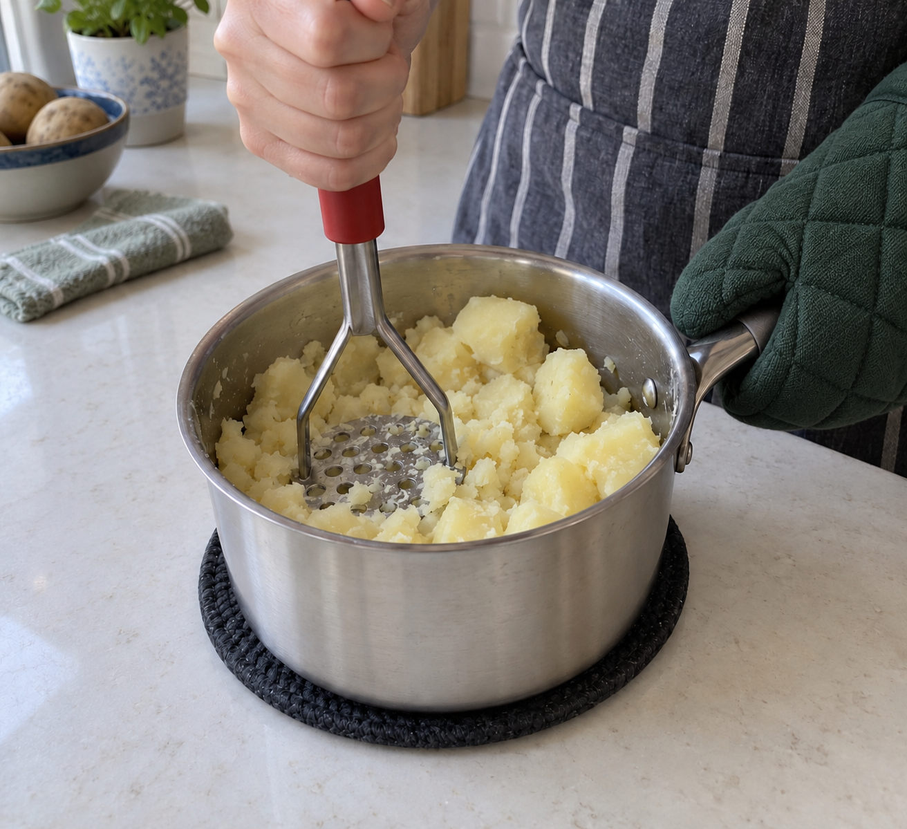 A hand masher pressing soft peeled potato pieces in a pan supported on a trivet, with an oven mitt steadying its handle