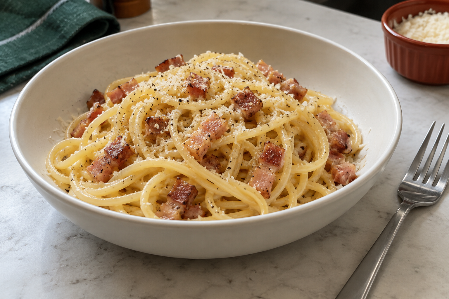 Spaghetti with a thin pale egg-and-cheese coating, browned pancetta and black pepper