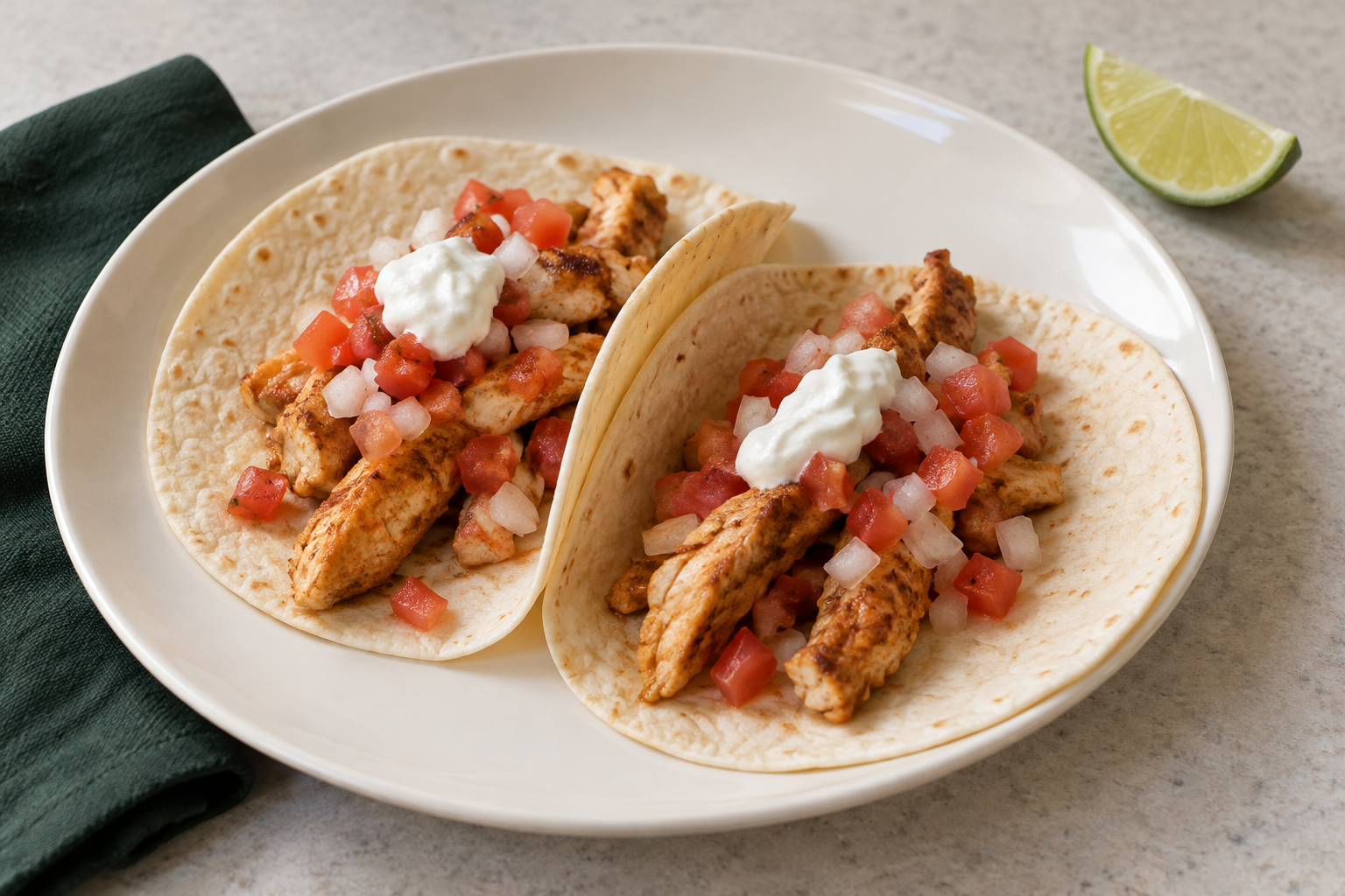 Two soft tortillas with paprika-coloured cooked chicken strips, diced tomato and onion and a little plain yoghurt