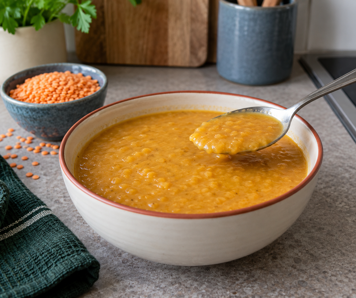 A bowl of golden lentil soup with a spoonful of softened lentils and a separate bowl of dry orange split lentils