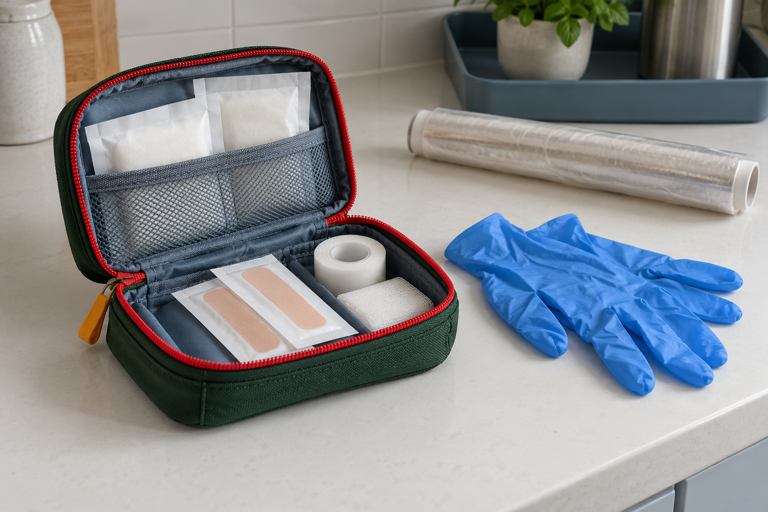A small first-aid pouch with plasters, gauze, disposable gloves and cling film on a cool counter
