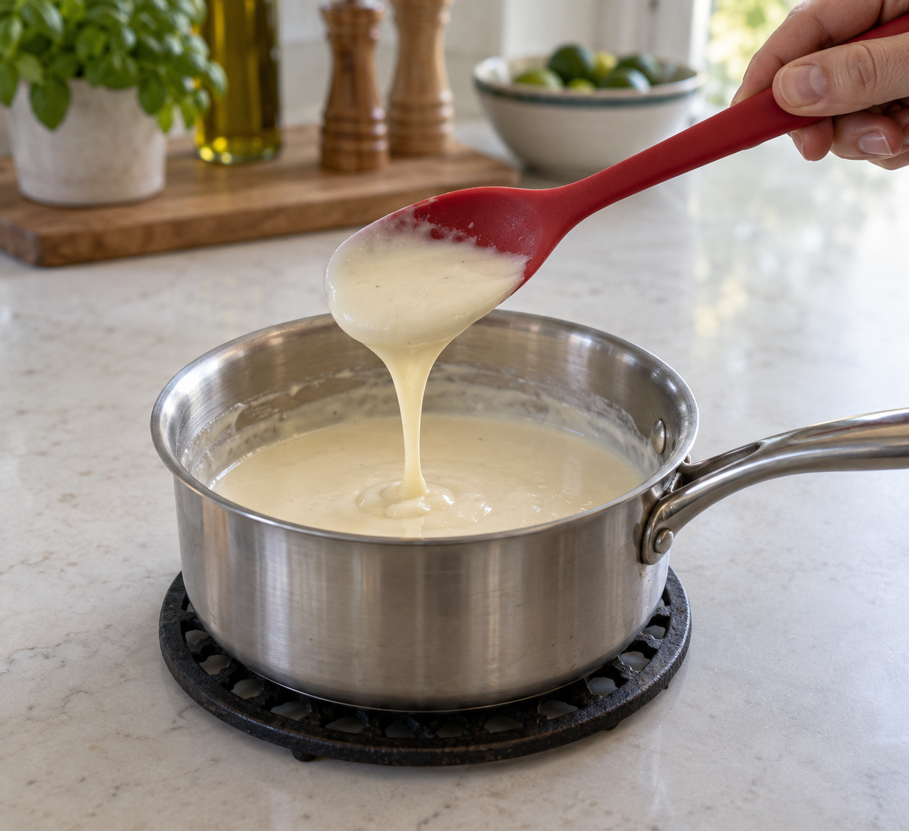 A silicone spoon lifting a thick flowing ribbon of plain white sauce over a pan supported on a trivet