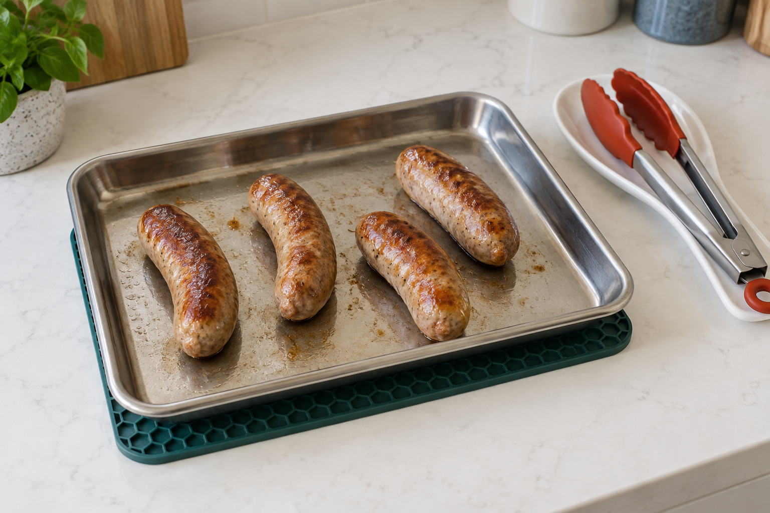 Four browned sausages spaced on a rimmed metal tray supported on a green trivet