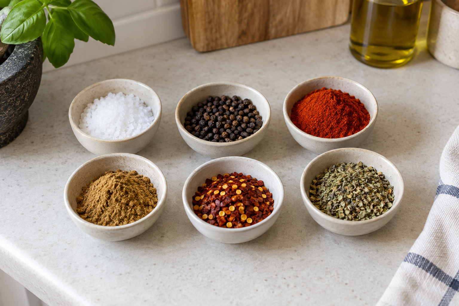 Small bowls of salt, whole peppercorns, a red ground spice, a tan ground spice, chilli flakes and dried herbs