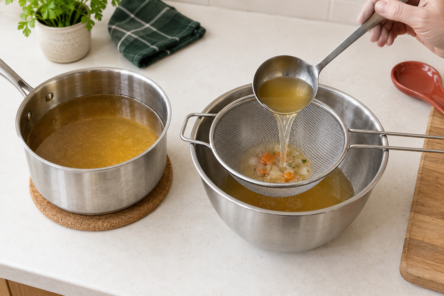 A long-handled ladle transfers amber stock from a supported pan through a metal sieve resting across a deeper heatproof bowl with headroom.