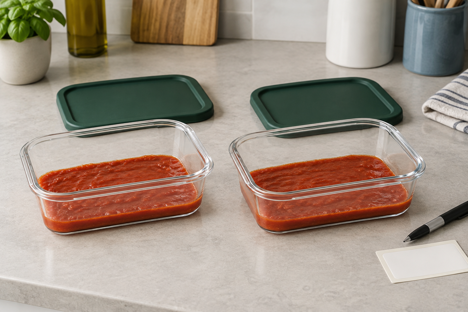 Two shallow separated tomato-sauce portions with matching lids and blank labels ready