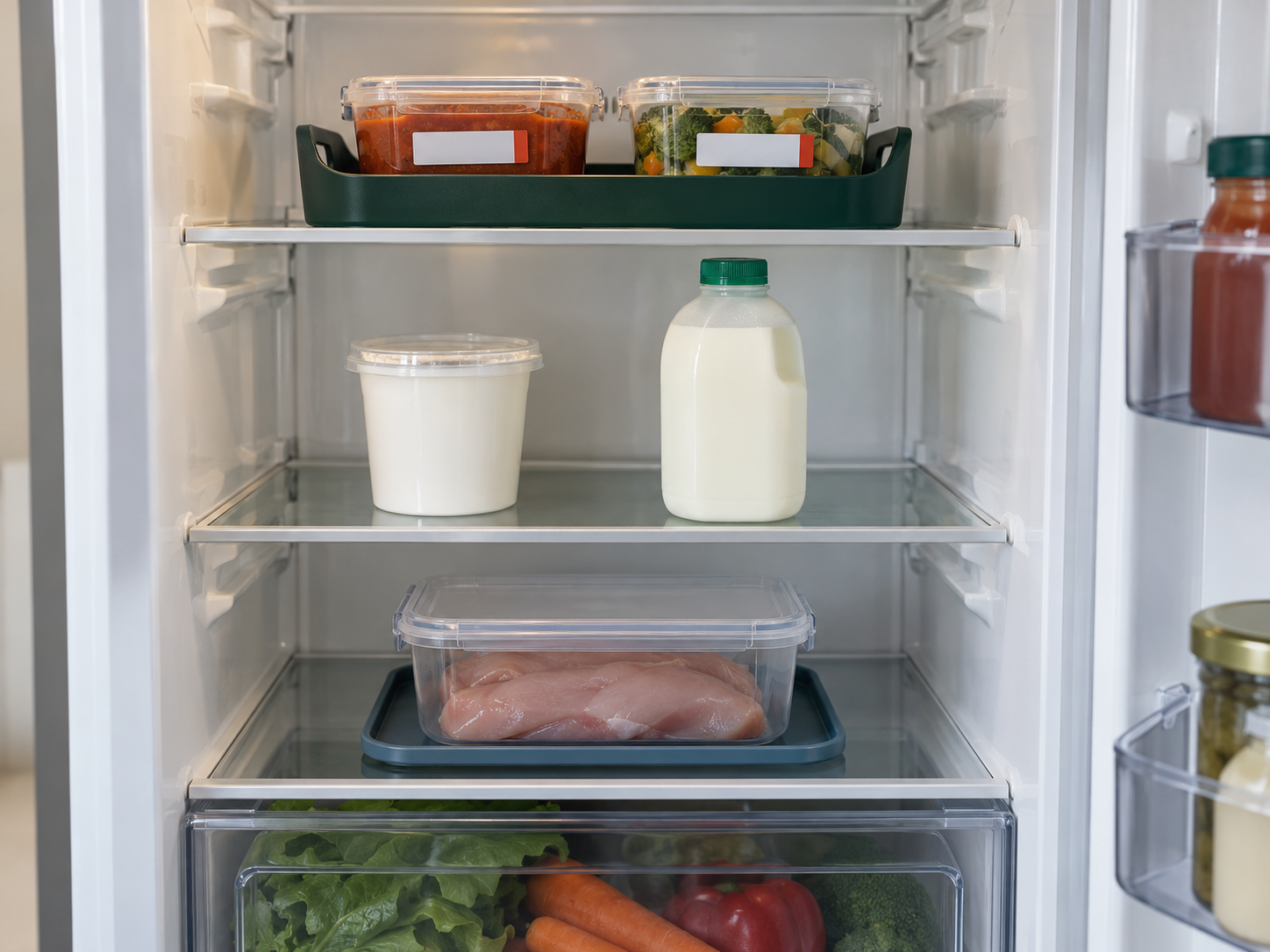 Closed food containers with blank labels above a separately contained raw chicken pack