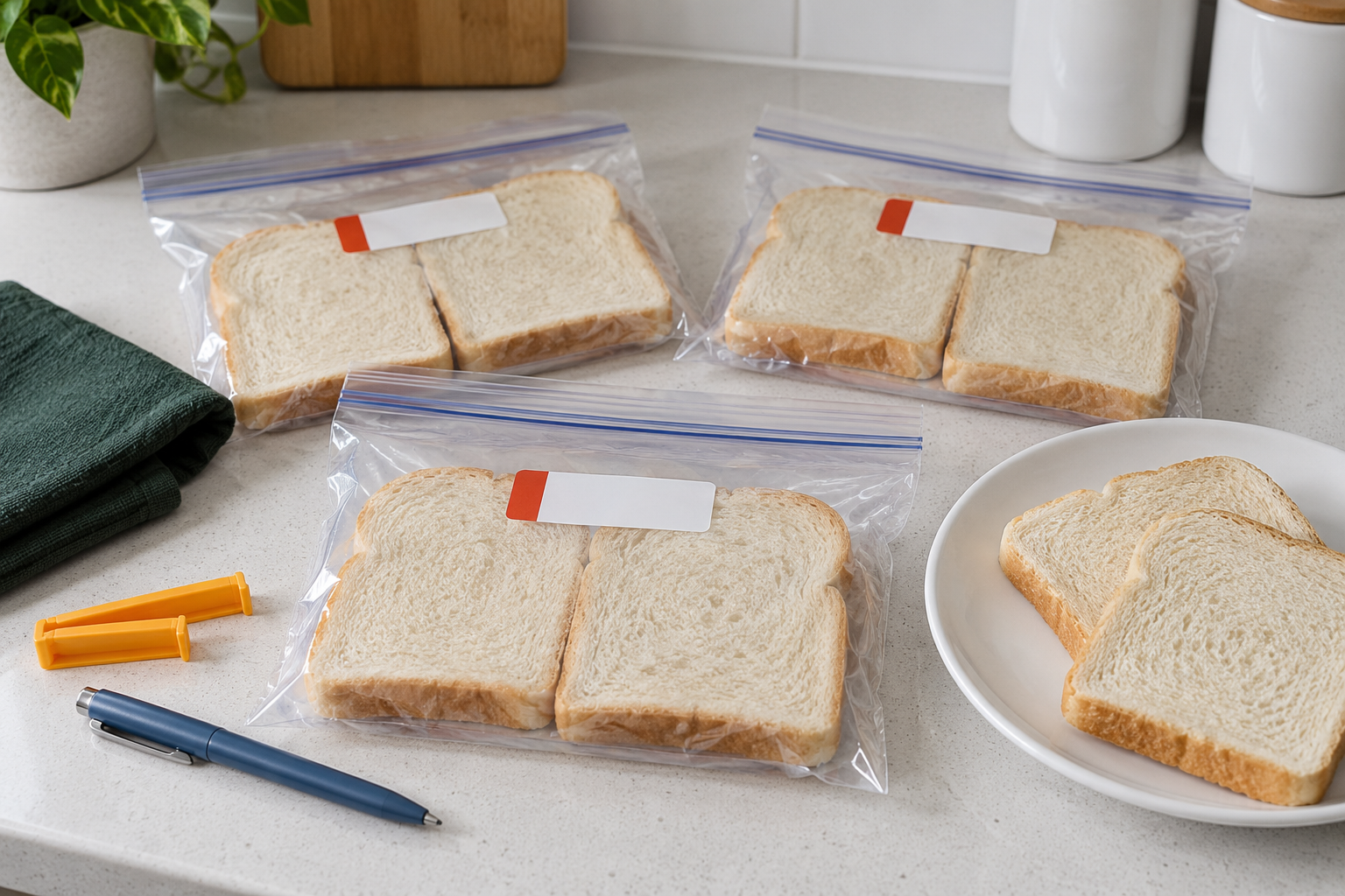 Three clear closed bags holding pairs of plain bread slices with blank labels, beside two slices on a plate