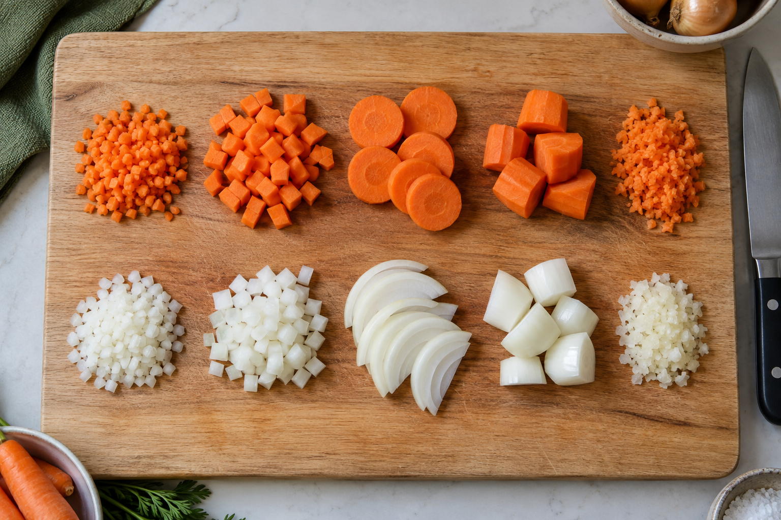 Vegetables cut into pieces of different sizes