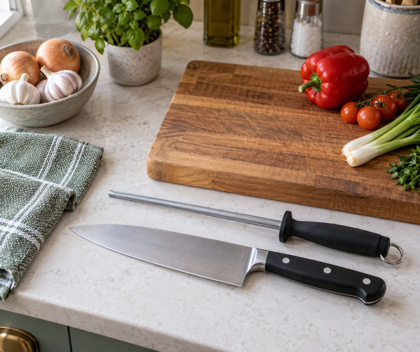Kitchen knife and honing steel laid out beside a chopping board