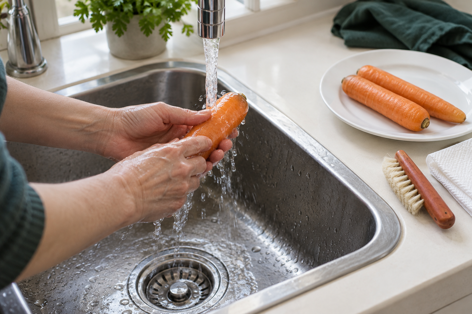 Hands rubbing a whole carrot under running tap water, with a clean plate beside the sink