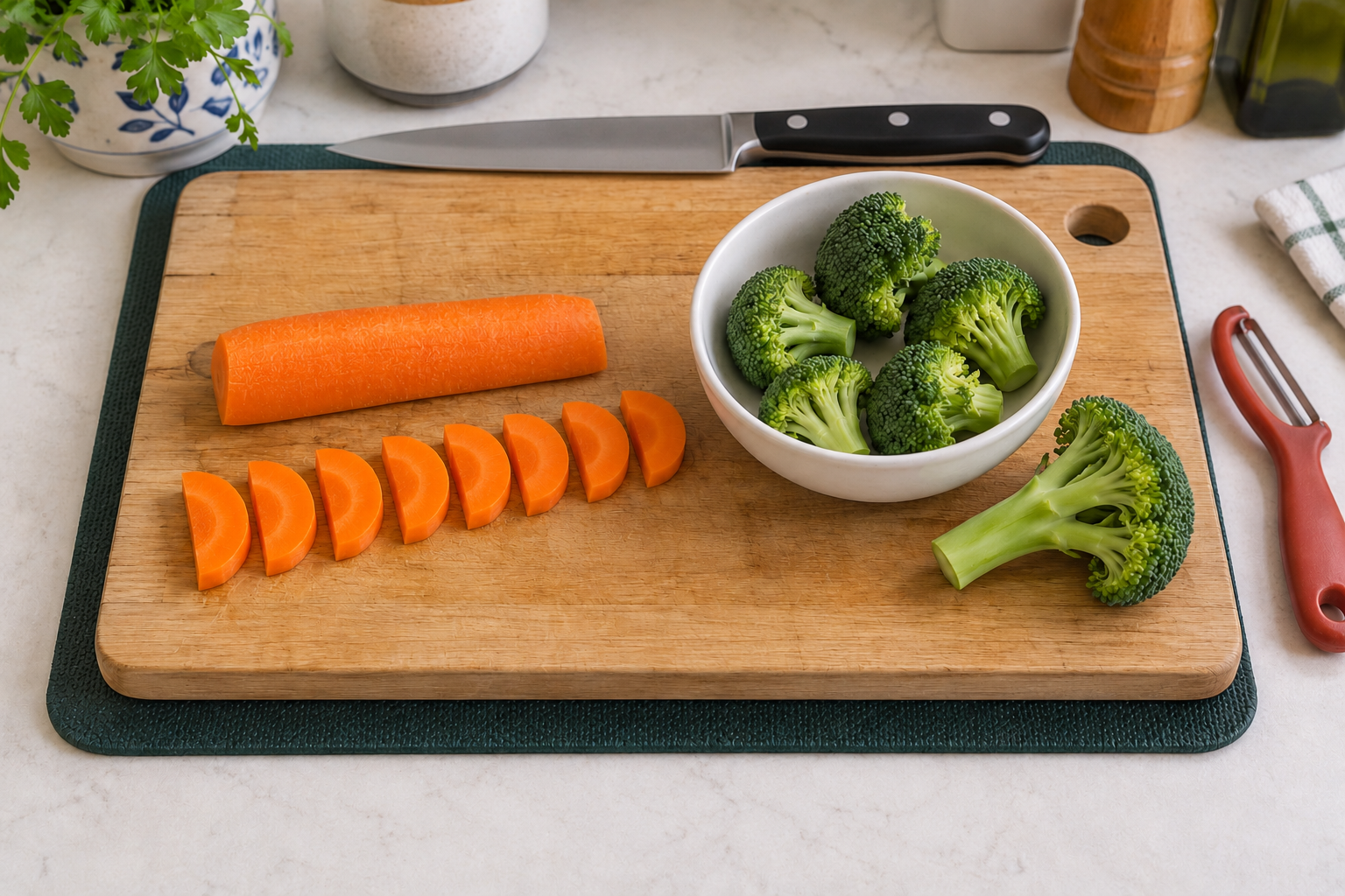 A carrot half resting flat-side down beside half-round slices, and a separate bowl of broccoli florets