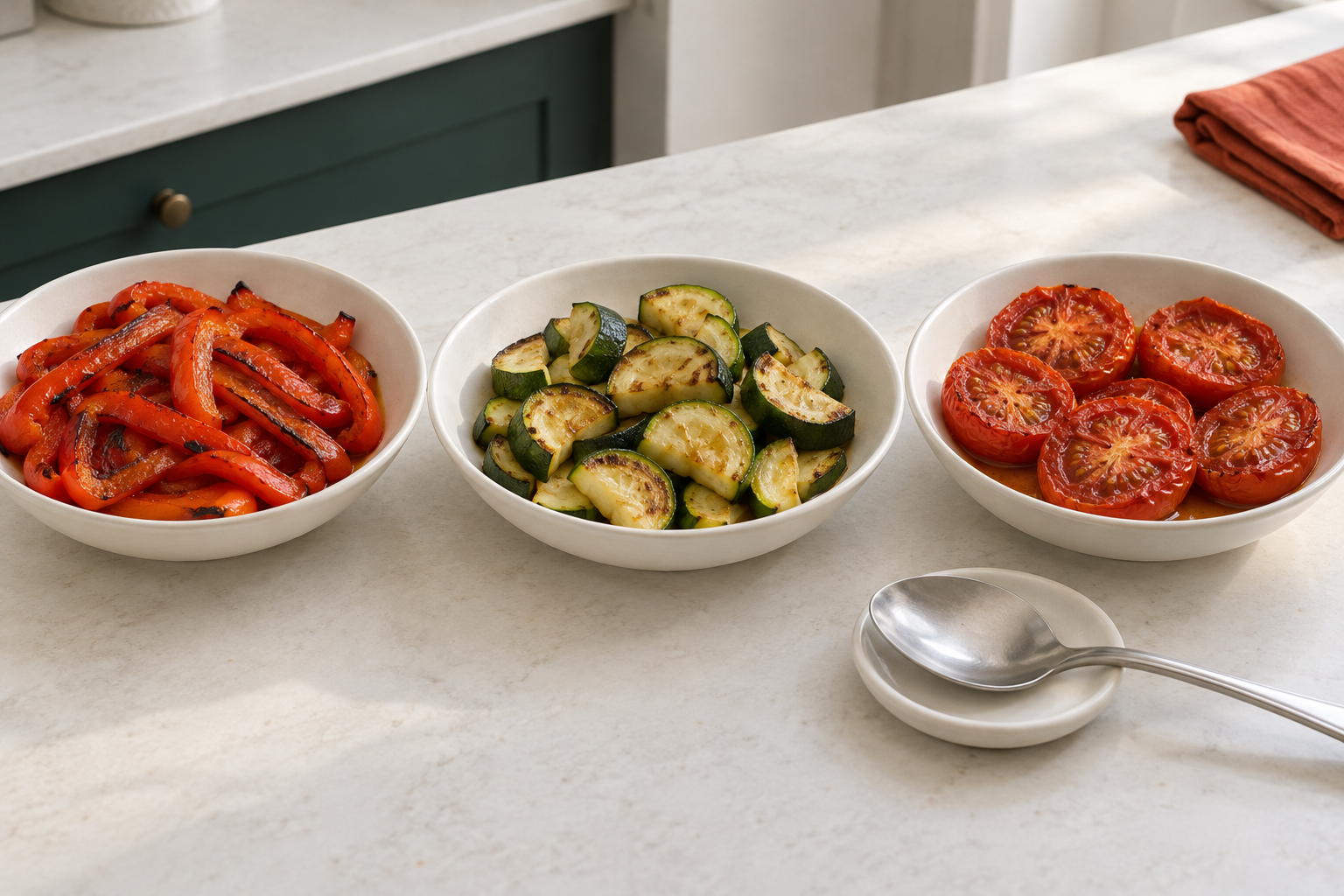 Separate bowls of roasted red pepper strips, courgette half-rounds and softened tomato halves