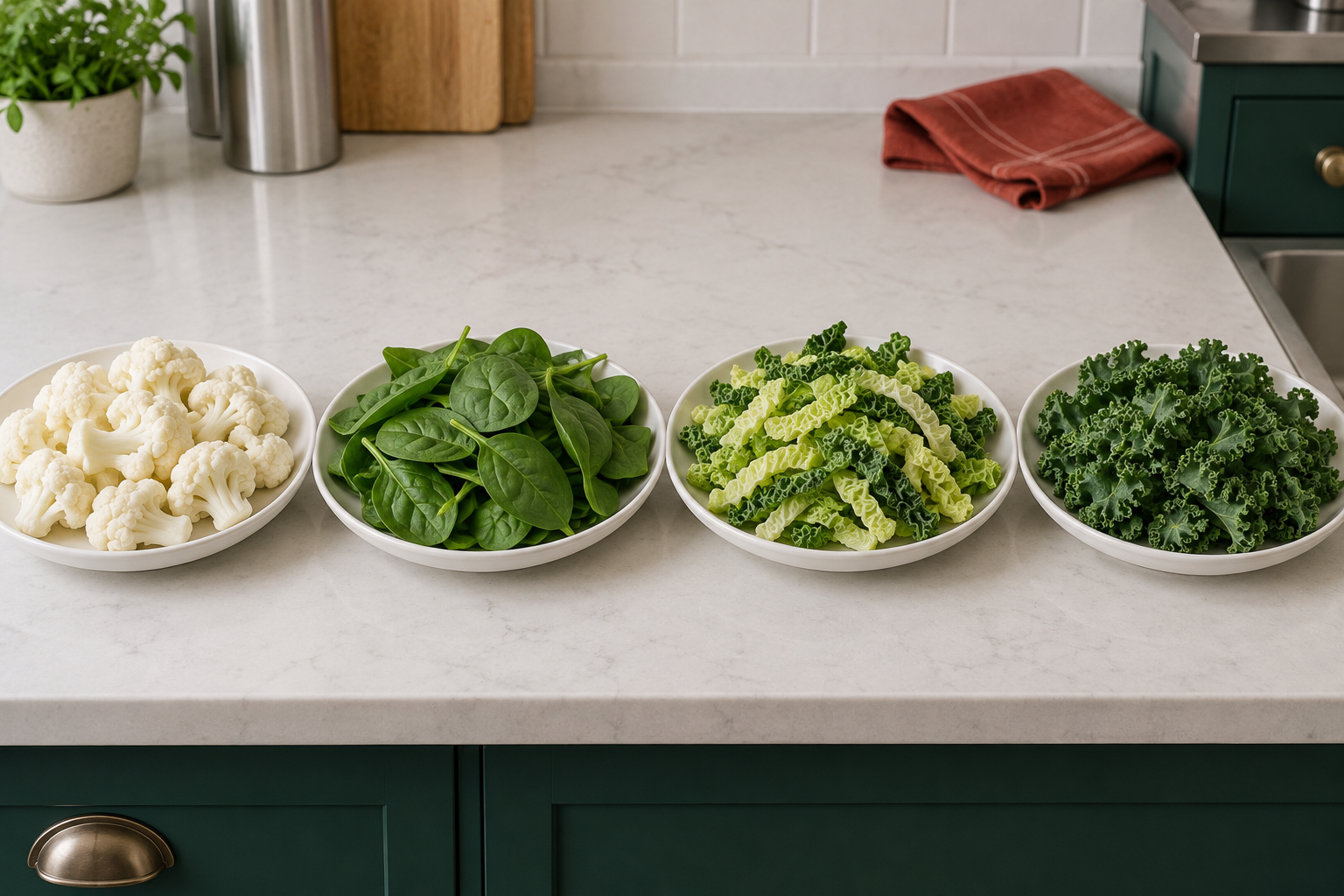 Separate dishes of raw cauliflower florets, baby spinach leaves, cabbage strips and curly kale leaf pieces