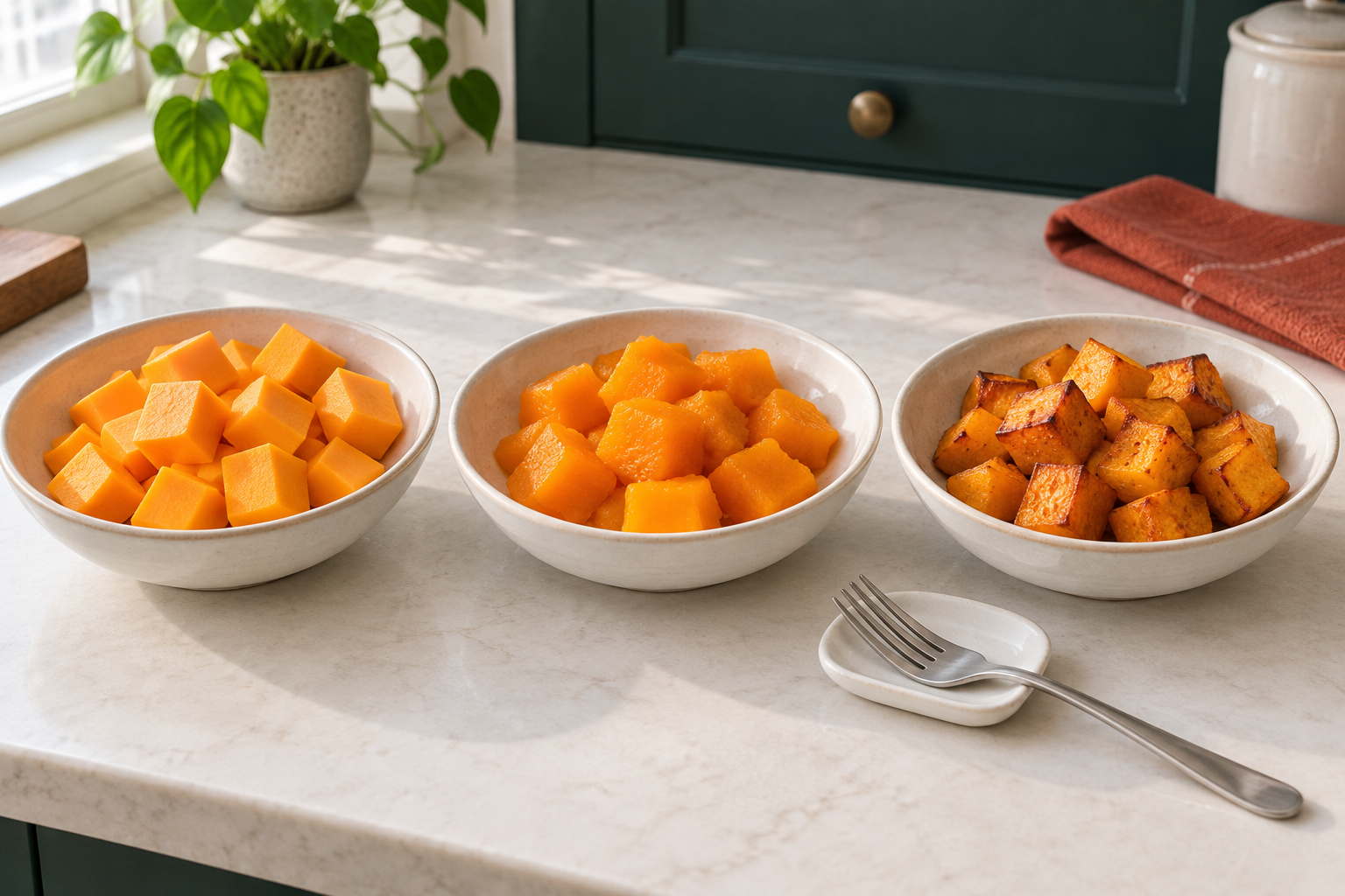 Separate bowls of peeled raw squash cubes, moist boiled squash and golden-edged roasted squash